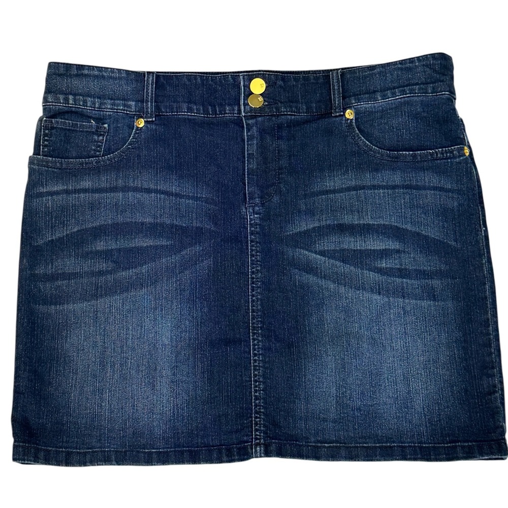 Denim Mini Skirt New York & Company Womens Dark Wash Gold Zip Pockets Size 12